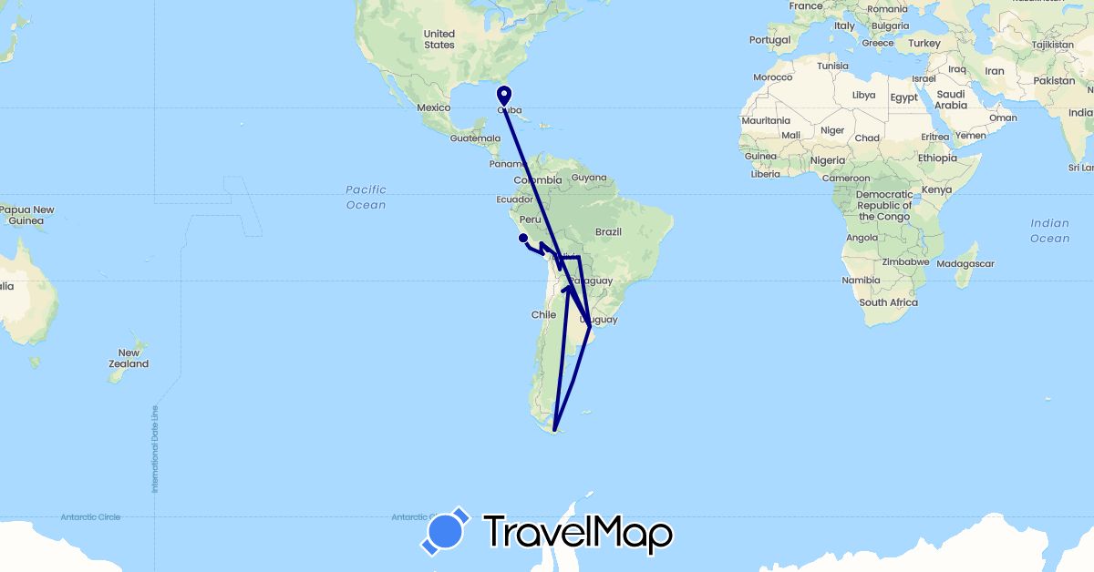 TravelMap itinerary: driving in Argentina, Bolivia, Cuba, Peru (North America, South America)